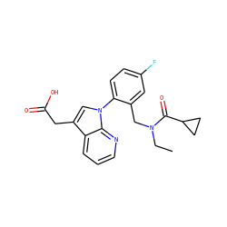CCN(Cc1cc(F)ccc1-n1cc(CC(=O)O)c2cccnc21)C(=O)C1CC1 ZINC000208541970
