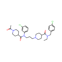 CCN(Cc1ccc(Cl)cc1)C(=O)C1CCN(CCCN(C(=O)C2CCN(C(C)=O)CC2)c2cccc(Cl)c2)CC1 ZINC000103234227