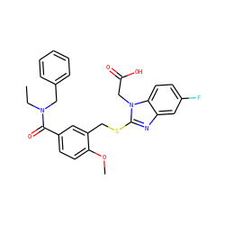 CCN(Cc1ccccc1)C(=O)c1ccc(OC)c(CSc2nc3cc(F)ccc3n2CC(=O)O)c1 ZINC000084654133