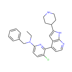 CCN(Cc1ccccc1)c1ccc(Cl)c(-c2ccnc3[nH]c(C4CCNCC4)cc23)n1 ZINC000220143942