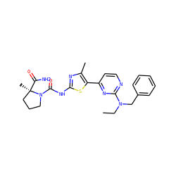 CCN(Cc1ccccc1)c1nccc(-c2sc(NC(=O)N3CCC[C@@]3(C)C(N)=O)nc2C)n1 ZINC000098196413