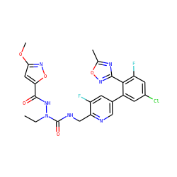 CCN(NC(=O)c1cc(OC)no1)C(=O)NCc1ncc(-c2cc(Cl)cc(F)c2-c2noc(C)n2)cc1F ZINC000049746289
