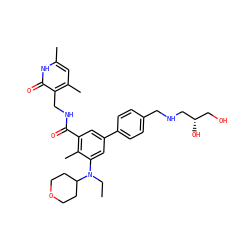 CCN(c1cc(-c2ccc(CNC[C@@H](O)CO)cc2)cc(C(=O)NCc2c(C)cc(C)[nH]c2=O)c1C)C1CCOCC1 ZINC000205714494