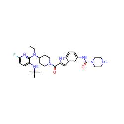 CCN(c1nc(F)ccc1NC(C)(C)C)C1CCN(C(=O)c2cc3cc(NC(=O)N4CCN(C)CC4)ccc3[nH]2)CC1 ZINC000014943764