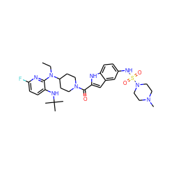 CCN(c1nc(F)ccc1NC(C)(C)C)C1CCN(C(=O)c2cc3cc(NS(=O)(=O)N4CCN(C)CC4)ccc3[nH]2)CC1 ZINC000014943767