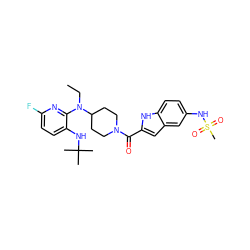 CCN(c1nc(F)ccc1NC(C)(C)C)C1CCN(C(=O)c2cc3cc(NS(C)(=O)=O)ccc3[nH]2)CC1 ZINC000013758798