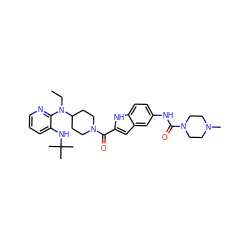 CCN(c1ncccc1NC(C)(C)C)C1CCN(C(=O)c2cc3cc(NC(=O)N4CCN(C)CC4)ccc3[nH]2)CC1 ZINC000014943755