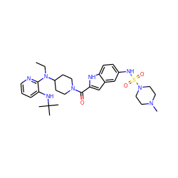 CCN(c1ncccc1NC(C)(C)C)C1CCN(C(=O)c2cc3cc(NS(=O)(=O)N4CCN(C)CC4)ccc3[nH]2)CC1 ZINC000014943757