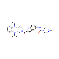 CCN(c1ncccc1NC(C)C)C1CCN(C(=O)c2cc3cc(NC(=O)N4CCN(C)CC4)ccc3[nH]2)CC1 ZINC000014943523