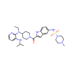 CCN(c1ncccc1NC(C)C)C1CCN(C(=O)c2cc3cc(NS(=O)(=O)N4CCN(C)CC4)ccc3[nH]2)CC1 ZINC000014943525