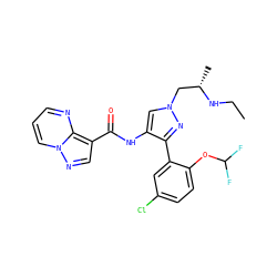 CCN[C@@H](C)Cn1cc(NC(=O)c2cnn3cccnc23)c(-c2cc(Cl)ccc2OC(F)F)n1 ZINC001772622301