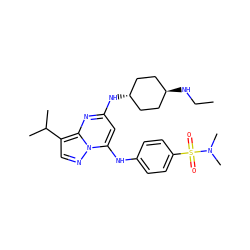 CCN[C@H]1CC[C@H](Nc2cc(Nc3ccc(S(=O)(=O)N(C)C)cc3)n3ncc(C(C)C)c3n2)CC1 ZINC000261142124