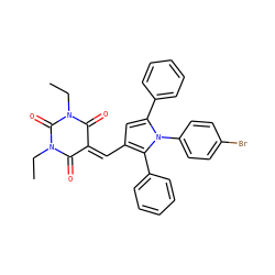 CCN1C(=O)C(=Cc2cc(-c3ccccc3)n(-c3ccc(Br)cc3)c2-c2ccccc2)C(=O)N(CC)C1=O ZINC000169330173