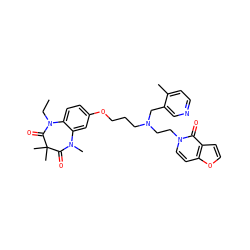 CCN1C(=O)C(C)(C)C(=O)N(C)c2cc(OCCCN(CCn3ccc4occc4c3=O)Cc3cnccc3C)ccc21 ZINC000139592984