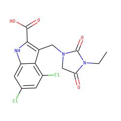 CCN1C(=O)CN(Cc2c(C(=O)O)[nH]c3cc(Cl)cc(Cl)c23)C1=O ZINC000013492832