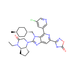 CCN1C(=O)CN(c2nc3cc(-c4noc(=O)[nH]4)nc(-c4cncc(Cl)c4)c3n2C[C@H]2CC[C@H](C)CC2)[C@@H]2CCC[C@H]21 ZINC000261080503