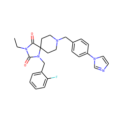 CCN1C(=O)N(Cc2ccccc2F)C2(CCN(Cc3ccc(-n4ccnc4)cc3)CC2)C1=O ZINC000028704466