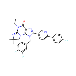 CCN1C(=O)c2nc(-c3ccc(-c4ccc(F)cc4)nc3)n(Cc3ccc(F)c(F)c3)c2N2CC(C)(C)N=C12 ZINC000073158205