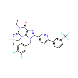 CCN1C(=O)c2nc(-c3ccc(-c4cccc(C(F)(F)F)c4)nc3)n(Cc3ccc(F)c(F)c3)c2N2CC(C)(C)N=C12 ZINC000073141824