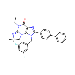 CCN1C(=O)c2nc(-c3ccc(-c4ccccc4)cc3)n(Cc3cc(F)cc(F)c3)c2N2CC(C)(C)N=C12 ZINC000073158953