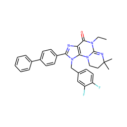 CCN1C(=O)c2nc(-c3ccc(-c4ccccc4)cc3)n(Cc3ccc(F)c(F)c3)c2N2CCC(C)(C)N=C12 ZINC000073156591