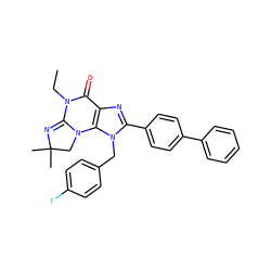 CCN1C(=O)c2nc(-c3ccc(-c4ccccc4)cc3)n(Cc3ccc(F)cc3)c2N2CC(C)(C)N=C12 ZINC000073156595