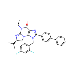 CCN1C(=O)c2nc(-c3ccc(-c4ccccc4)cc3)n(Cc3ccc(F)cc3F)c2N2C[C@@H](C(C)C)N=C12 ZINC000073196323