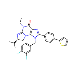 CCN1C(=O)c2nc(-c3ccc(-c4cccs4)cc3)n(Cc3ccc(F)c(F)c3)c2N2C[C@@H](C(C)C)N=C12 ZINC000071341073