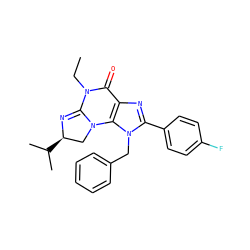 CCN1C(=O)c2nc(-c3ccc(F)cc3)n(Cc3ccccc3)c2N2C[C@@H](C(C)C)N=C12 ZINC000071340368