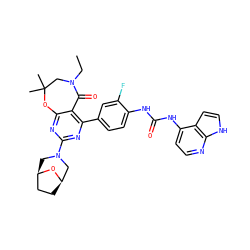CCN1CC(C)(C)Oc2nc(N3C[C@@H]4CC[C@H](C3)O4)nc(-c3ccc(NC(=O)Nc4ccnc5[nH]ccc45)c(F)c3)c2C1=O ZINC000142199875