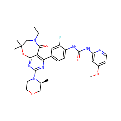 CCN1CC(C)(C)Oc2nc(N3CCOC[C@@H]3C)nc(-c3ccc(NC(=O)Nc4cc(OC)ccn4)c(F)c3)c2C1=O ZINC000142189566