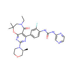 CCN1CC(C)(C)Oc2nc(N3CCOC[C@@H]3C)nc(-c3ccc(NC(=O)Nc4cnccn4)c(F)c3)c2C1=O ZINC000142216472