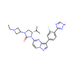 CCN1CC(N2C[C@H](C(C)C)N(c3ccn4ncc(-c5ccc(-c6nc[nH]n6)c(F)c5)c4n3)C2=O)C1 ZINC000116186197