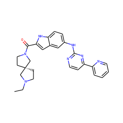 CCN1CC[C@@]2(CCN(C(=O)c3cc4cc(Nc5nccc(-c6ccccn6)n5)ccc4[nH]3)C2)C1 ZINC000144205126