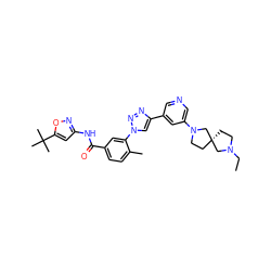 CCN1CC[C@@]2(CCN(c3cncc(-c4cn(-c5cc(C(=O)Nc6cc(C(C)(C)C)on6)ccc5C)nn4)c3)C2)C1 ZINC000118874797
