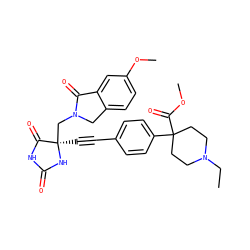CCN1CCC(C(=O)OC)(c2ccc(C#C[C@]3(CN4Cc5ccc(OC)cc5C4=O)NC(=O)NC3=O)cc2)CC1 ZINC000149823426