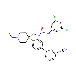 CCN1CCC(CNC(=O)Nc2cc(Cl)cc(Cl)c2)(c2ccc(-c3cccc(C#N)c3)cc2)CC1 ZINC000028113837
