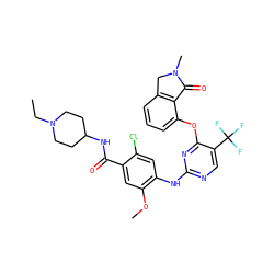 CCN1CCC(NC(=O)c2cc(OC)c(Nc3ncc(C(F)(F)F)c(Oc4cccc5c4C(=O)N(C)C5)n3)cc2Cl)CC1 ZINC000145979407