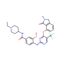 CCN1CCC(NC(=O)c2ccc(Nc3ncc(C(F)(F)F)c(Oc4cccc5c4C(=O)N(C)C5)n3)c(OC)c2)CC1 ZINC000138456354