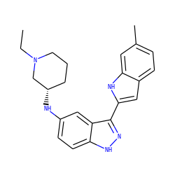 CCN1CCC[C@H](Nc2ccc3[nH]nc(-c4cc5ccc(C)cc5[nH]4)c3c2)C1 ZINC000066076456