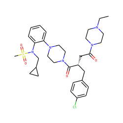 CCN1CCN(C(=O)C[C@H](Cc2ccc(Cl)cc2)C(=O)N2CCN(c3ccccc3N(CC3CC3)S(C)(=O)=O)CC2)CC1 ZINC000027213183