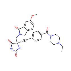 CCN1CCN(C(=O)c2ccc(C#C[C@]3(CN4Cc5ccc(OC)cc5C4=O)NC(=O)NC3=O)cc2)CC1 ZINC000167610621