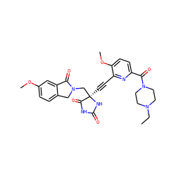 CCN1CCN(C(=O)c2ccc(OC)c(C#C[C@]3(CN4Cc5ccc(OC)cc5C4=O)NC(=O)NC3=O)n2)CC1 ZINC000096173637