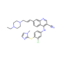 CCN1CCN(C/C=C/c2ccc3c(Nc4ccc(Sc5nccn5C)c(Cl)c4)c(C#N)cnc3c2)CC1 ZINC000042878765