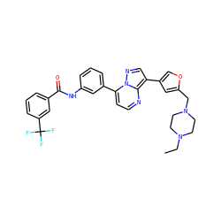 CCN1CCN(Cc2cc(-c3cnn4c(-c5cccc(NC(=O)c6cccc(C(F)(F)F)c6)c5)ccnc34)co2)CC1 ZINC000049946888