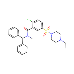 CCN1CCN(S(=O)(=O)c2ccc(Cl)c(C(=O)N(C)C(c3ccccc3)c3ccccc3)c2)CC1 ZINC000012998538