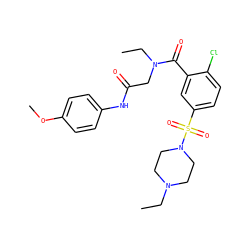 CCN1CCN(S(=O)(=O)c2ccc(Cl)c(C(=O)N(CC)CC(=O)Nc3ccc(OC)cc3)c2)CC1 ZINC000013015209