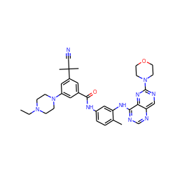 CCN1CCN(c2cc(C(=O)Nc3ccc(C)c(Nc4ncnc5cnc(N6CCOCC6)nc45)c3)cc(C(C)(C)C#N)c2)CC1 ZINC000147167795