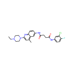 CCN1CCN(c2cc(C)c3cc(NC(=O)CCC(=O)Nc4ccc(F)c(Cl)c4)ccc3n2)CC1 ZINC000020136341
