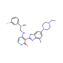 CCN1CCN(c2cc(C)c3nc(-c4c(NC[C@@H](O)c5cccc(Cl)c5)cc[nH]c4=O)[nH]c3c2)CC1 ZINC000049088071